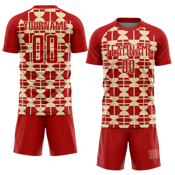 Custom Red Cream Geometric Shapes Sports Sublimation Soccer Uniform Jersey