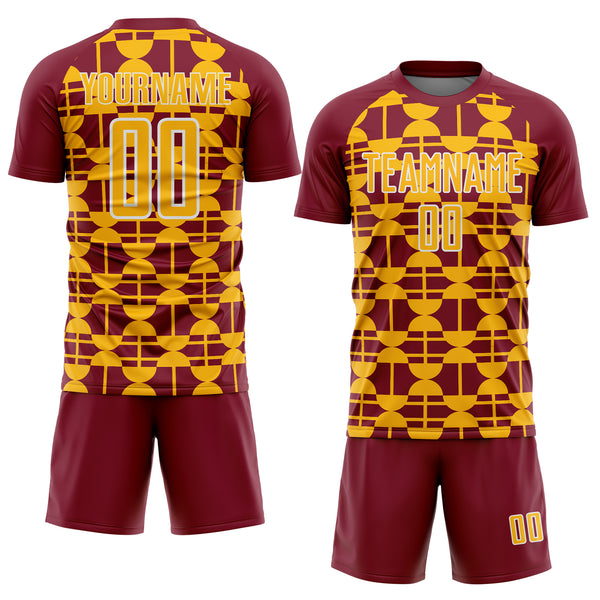 Custom Crimson Gold-White Geometric Shapes Sports Sublimation Soccer Uniform Jersey