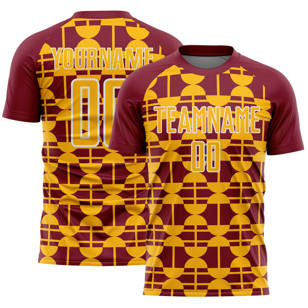 Custom Crimson Gold-White Geometric Shapes Sports Sublimation Soccer Uniform Jersey