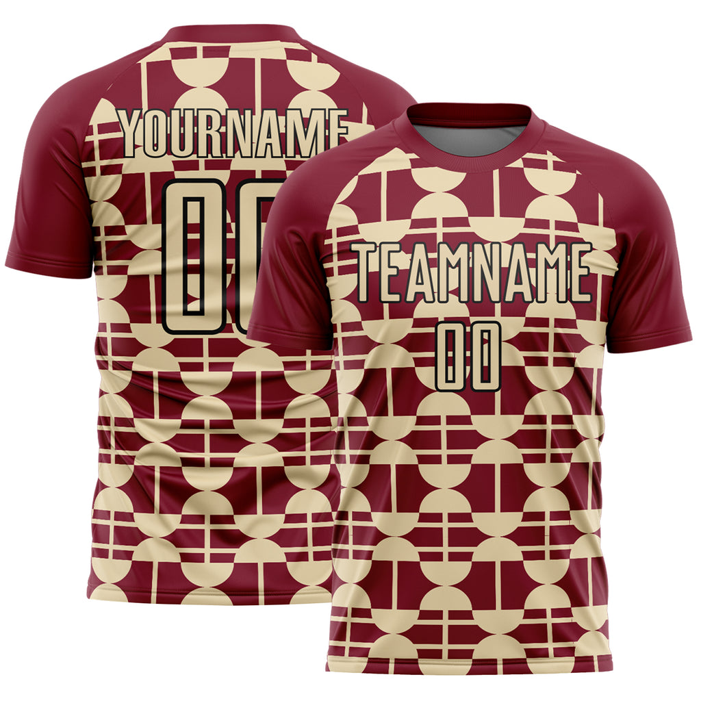 Custom Crimson Cream-Black Geometric Shapes Sports Sublimation Soccer Uniform Jersey
