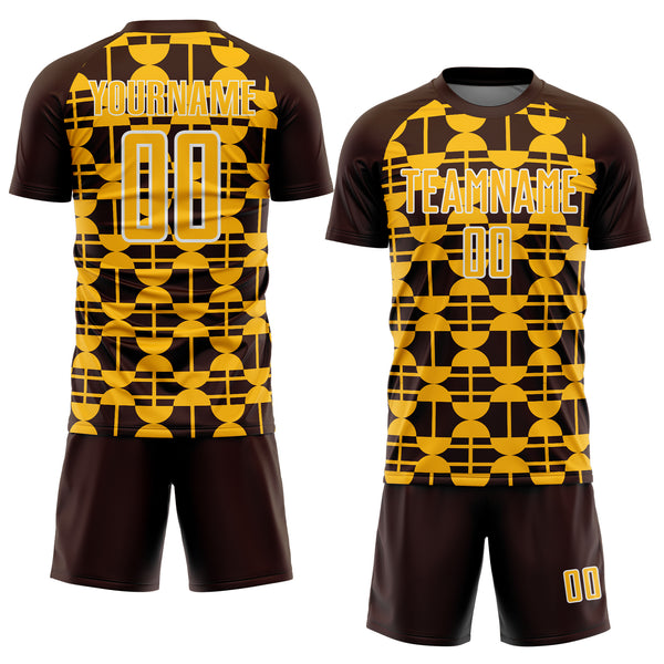 Custom Brown Gold-White Geometric Shapes Sports Sublimation Soccer Uniform Jersey