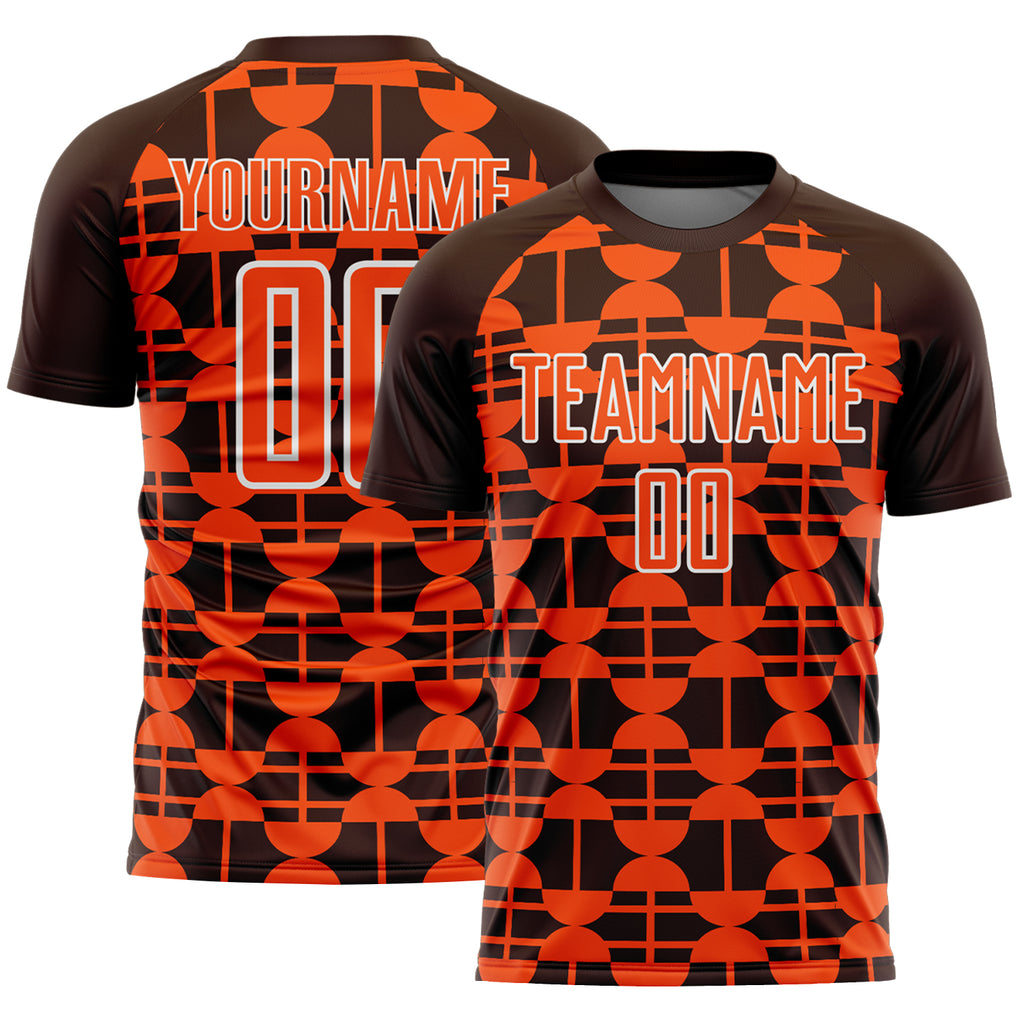 Custom Brown Orange-White Geometric Shapes Sports Sublimation Soccer Uniform Jersey