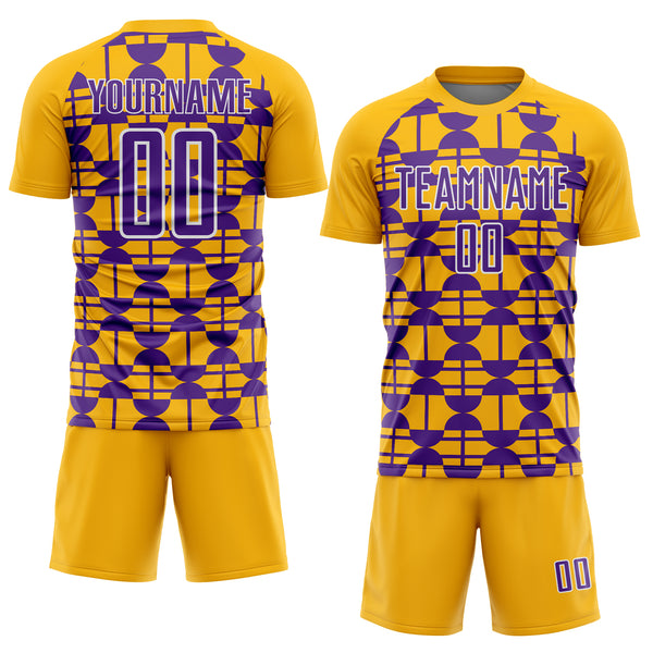 Custom Gold Purple-White Geometric Shapes Sports Sublimation Soccer Uniform Jersey