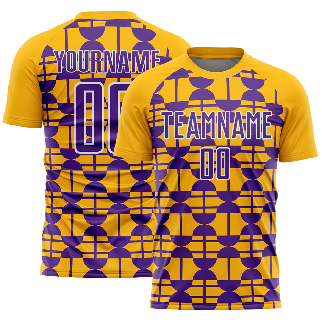 Custom Gold Purple-White Geometric Shapes Sports Sublimation Soccer Uniform Jersey