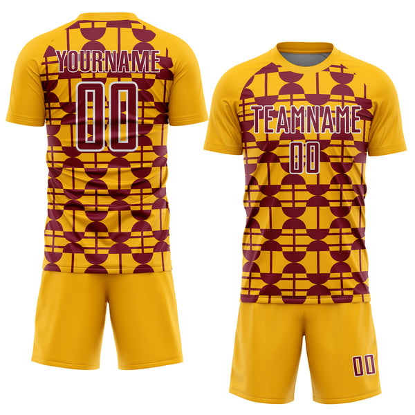Custom Gold Crimson-White Geometric Shapes Sports Sublimation Soccer Uniform Jersey