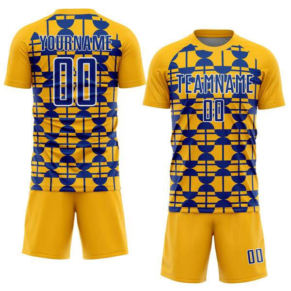 Custom Gold Royal-White Geometric Shapes Sports Sublimation Soccer Uniform Jersey