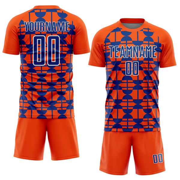 Custom Orange Royal-White Geometric Shapes Sports Sublimation Soccer Uniform Jersey