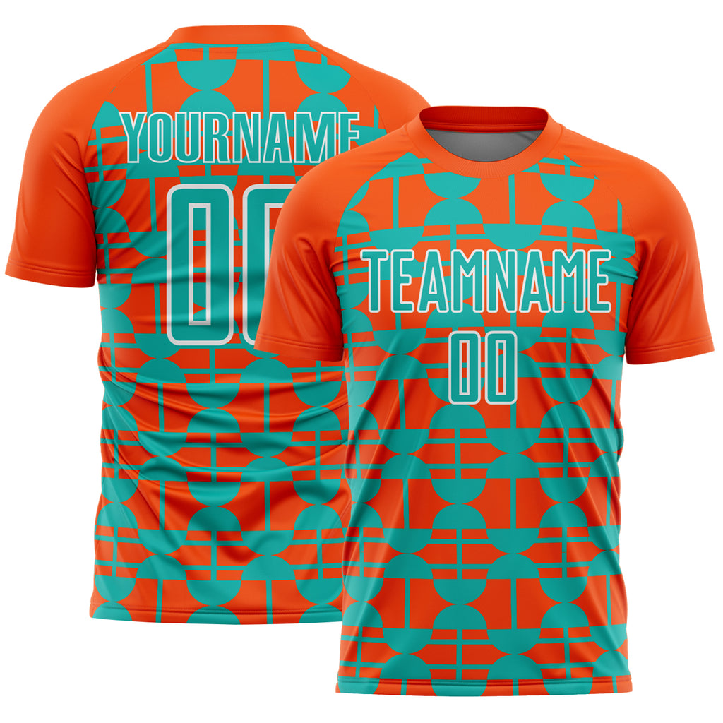 Custom Orange Aqua-White Geometric Shapes Sports Sublimation Soccer Uniform Jersey