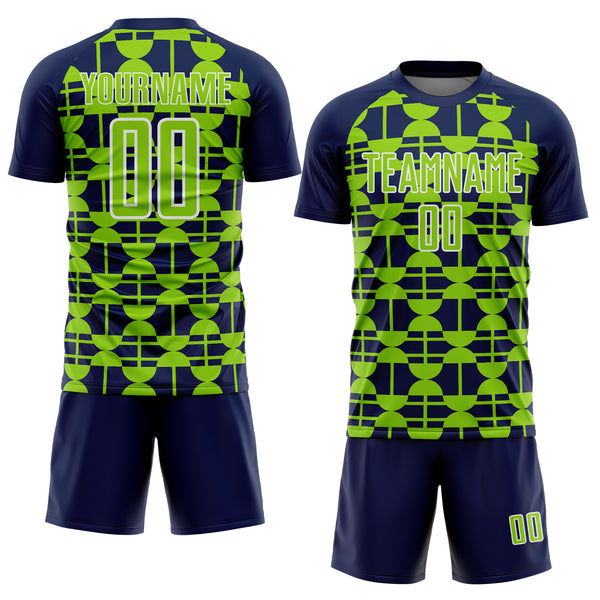 Custom Navy Neon Green-White Geometric Shapes Sports Sublimation Soccer Uniform Jersey