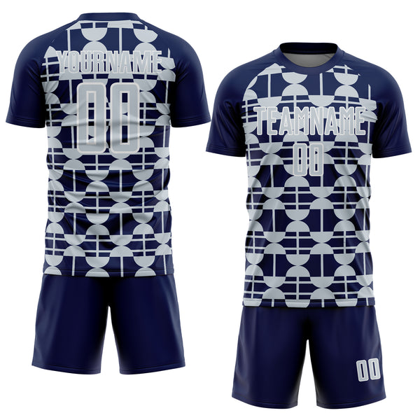 Custom Navy Silver-White Geometric Shapes Sports Sublimation Soccer Uniform Jersey