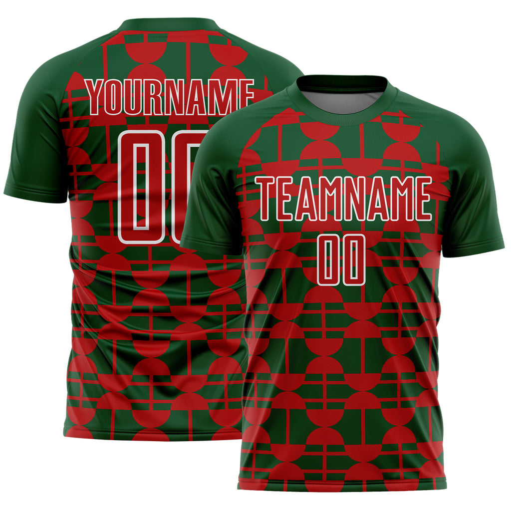 Custom Green Red-White Geometric Shapes Sports Sublimation Soccer Uniform Jersey