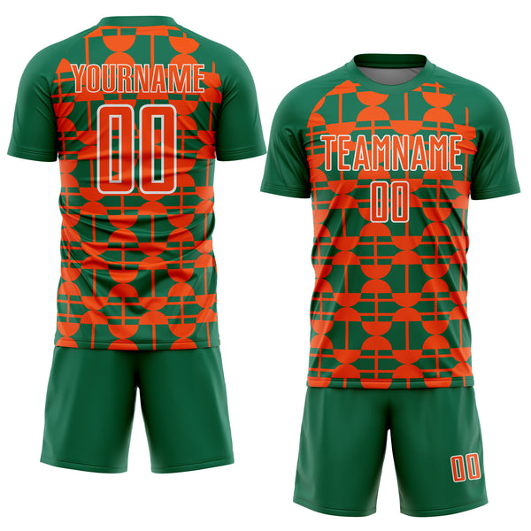 Custom Kelly Green Orange-White Geometric Shapes Sports Sublimation Soccer Uniform Jersey