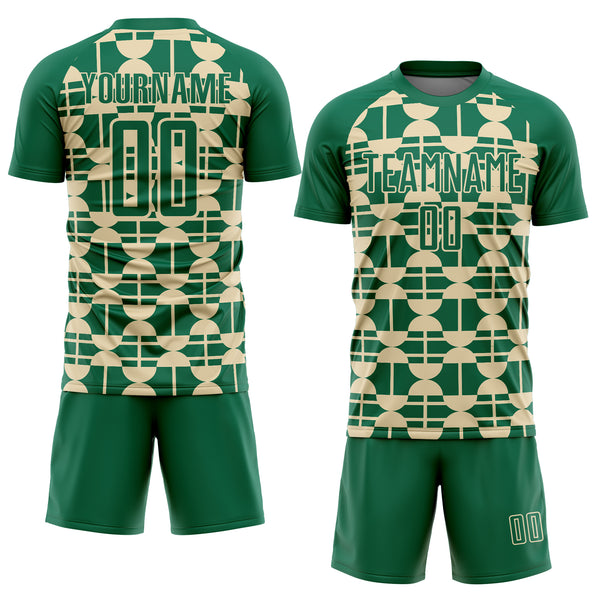 Custom Kelly Green Cream Geometric Shapes Sports Sublimation Soccer Uniform Jersey