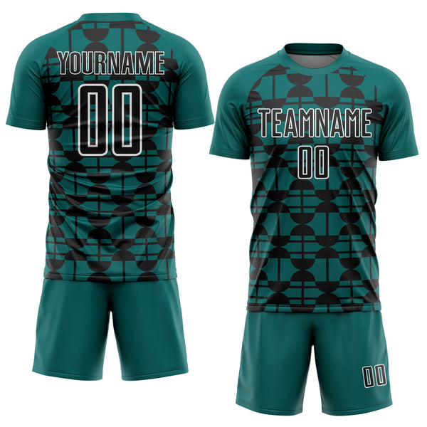 Custom Teal Black-White Geometric Shapes Sports Sublimation Soccer Uniform Jersey