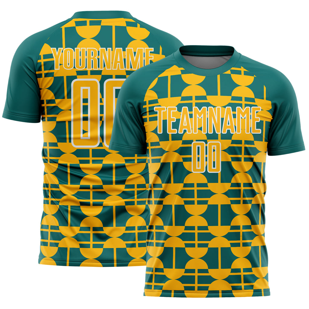 Custom Teal Gold-White Geometric Shapes Sports Sublimation Soccer Uniform Jersey