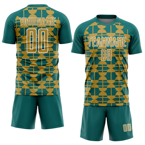 Custom Teal Old Gold-White Geometric Shapes Sports Sublimation Soccer Uniform Jersey