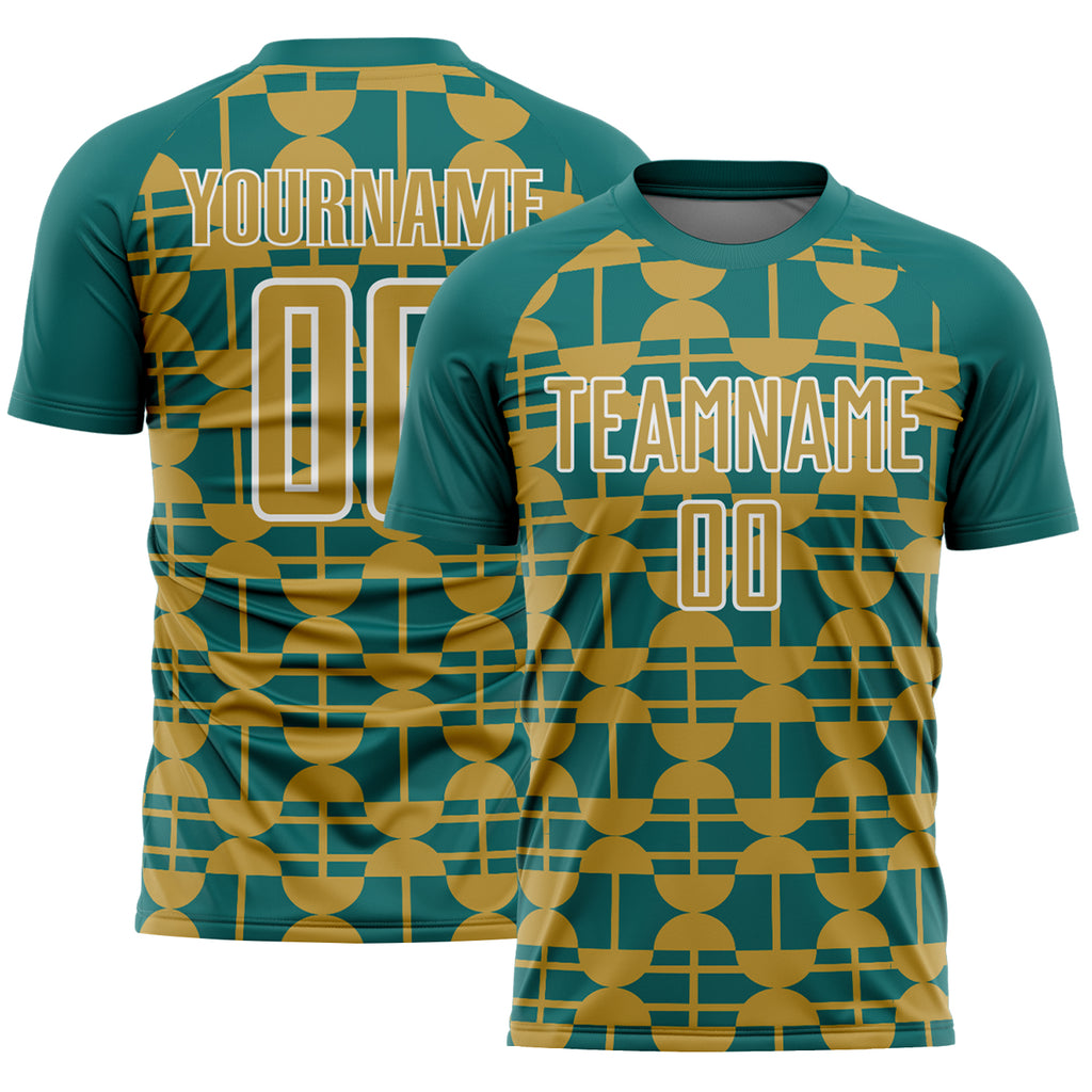 Custom Teal Old Gold-White Geometric Shapes Sports Sublimation Soccer Uniform Jersey
