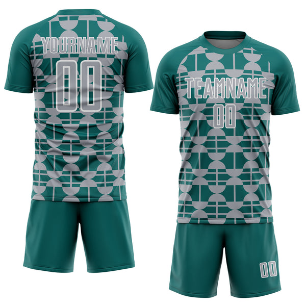 Custom Teal Gray-White Geometric Shapes Sports Sublimation Soccer Uniform Jersey
