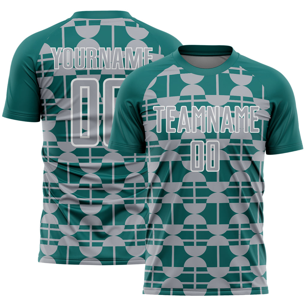 Custom Teal Gray-White Geometric Shapes Sports Sublimation Soccer Uniform Jersey