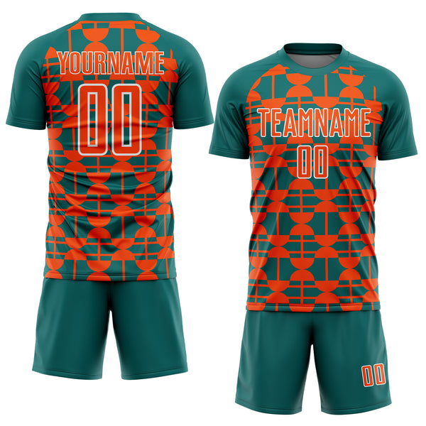 Custom Teal Orange-White Geometric Shapes Sports Sublimation Soccer Uniform Jersey