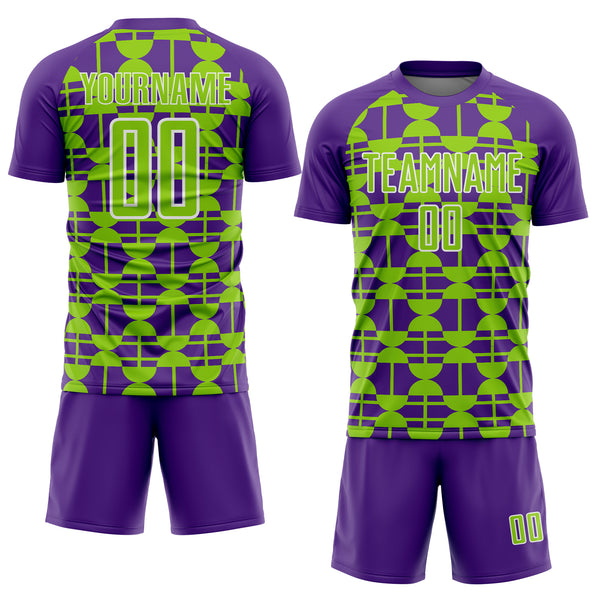 Custom Purple Neon Green-White Geometric Shapes Sports Sublimation Soccer Uniform Jersey