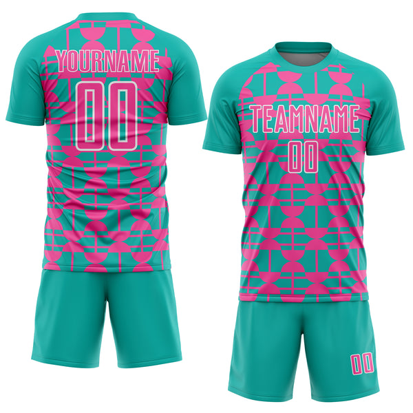 Custom Aqua Pink-White Geometric Shapes Sports Sublimation Soccer Uniform Jersey