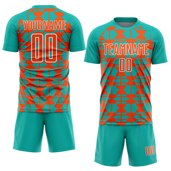 Custom Aqua Orange-White Geometric Shapes Sports Sublimation Soccer Uniform Jersey