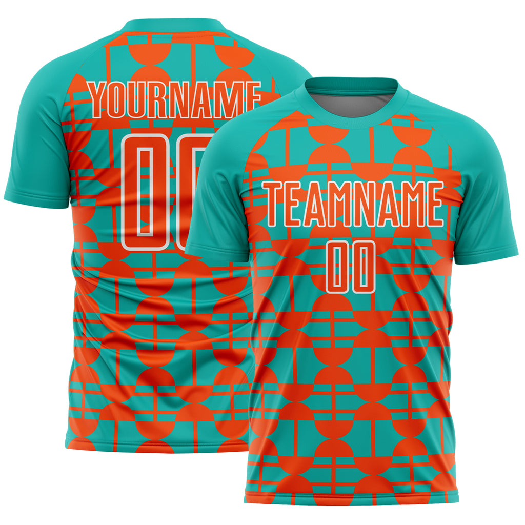 Custom Aqua Orange-White Geometric Shapes Sports Sublimation Soccer Uniform Jersey