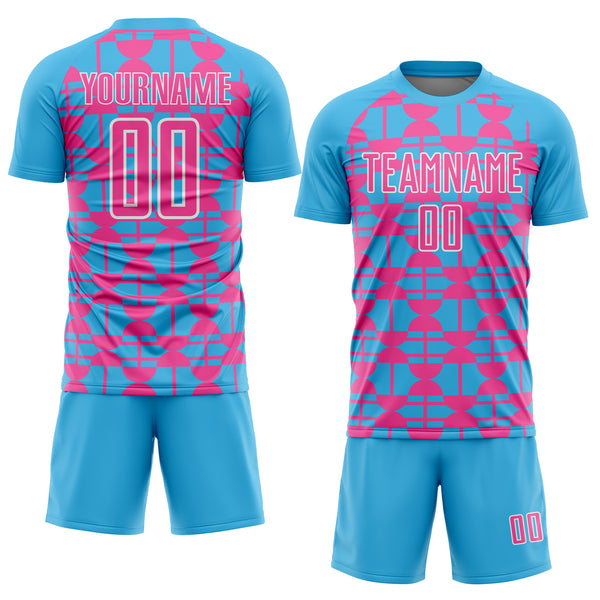 Custom Sky Blue Pink-White Geometric Shapes Sports Sublimation Soccer Uniform Jersey