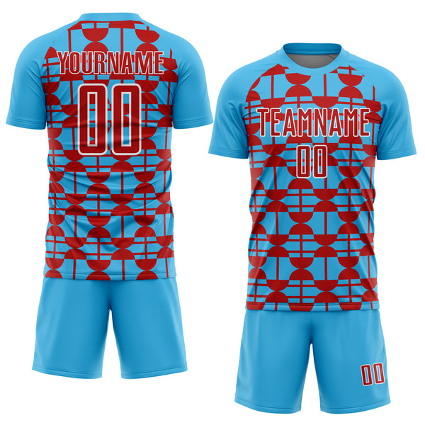 Custom Sky Blue Red-White Geometric Shapes Sports Sublimation Soccer Uniform Jersey