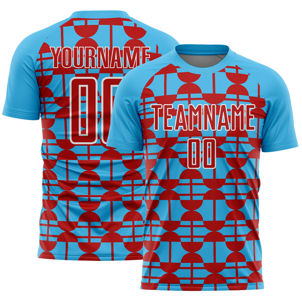 Custom Sky Blue Red-White Geometric Shapes Sports Sublimation Soccer Uniform Jersey