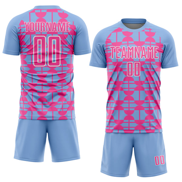 Custom Light Blue Pink-White Geometric Shapes Sports Sublimation Soccer Uniform Jersey