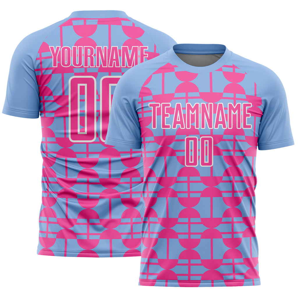 Custom Light Blue Pink-White Geometric Shapes Sports Sublimation Soccer Uniform Jersey