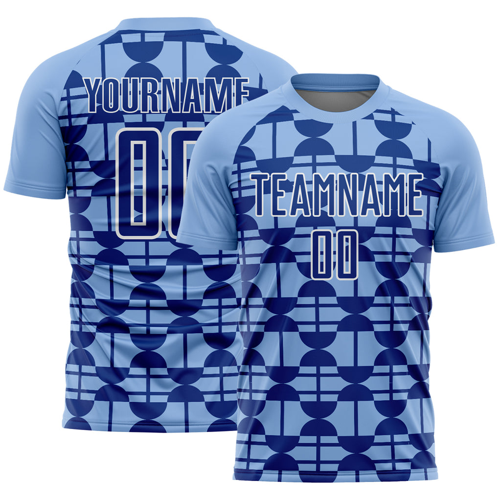 Custom Light Blue Royal-White Geometric Shapes Sports Sublimation Soccer Uniform Jersey
