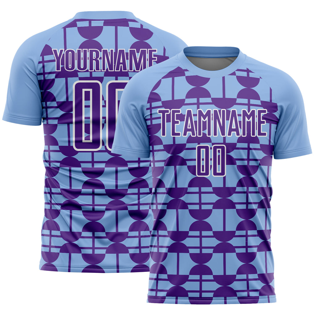 Custom Light Blue Purple-White Geometric Shapes Sports Sublimation Soccer Uniform Jersey