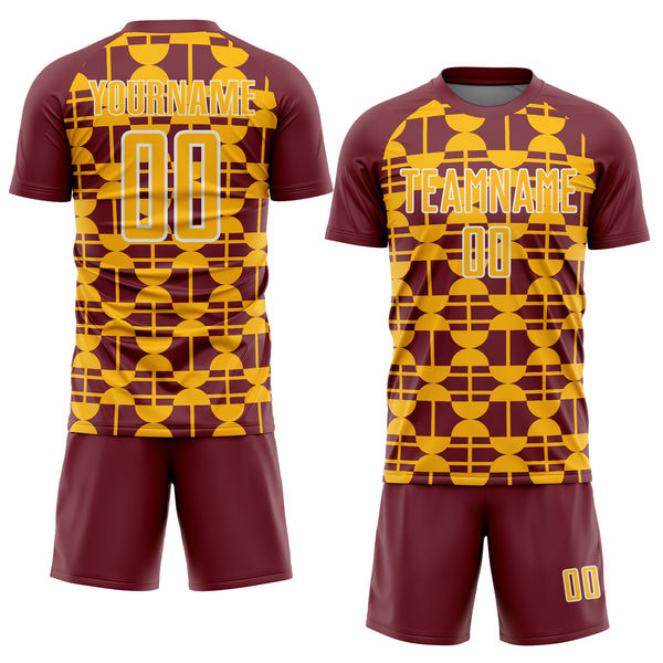 Custom Burgundy Gold-White Geometric Shapes Sports Sublimation Soccer Uniform Jersey