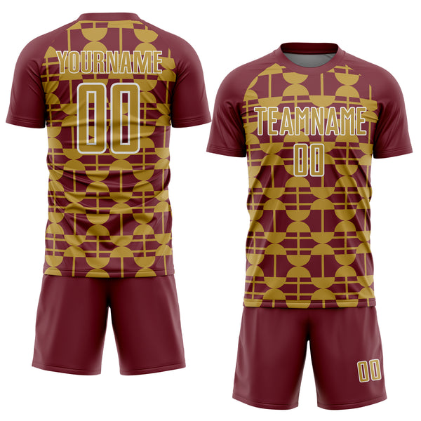 Custom Burgundy Old Gold-White Geometric Shapes Sports Sublimation Soccer Uniform Jersey