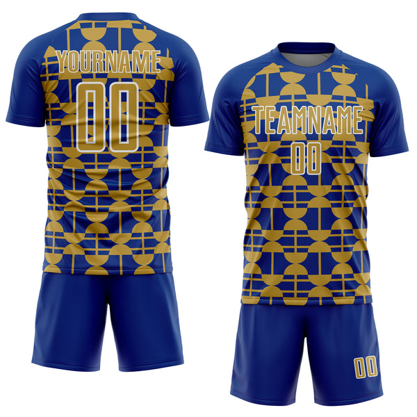 Custom Royal Old Gold-White Geometric Shapes Sports Sublimation Soccer Uniform Jersey