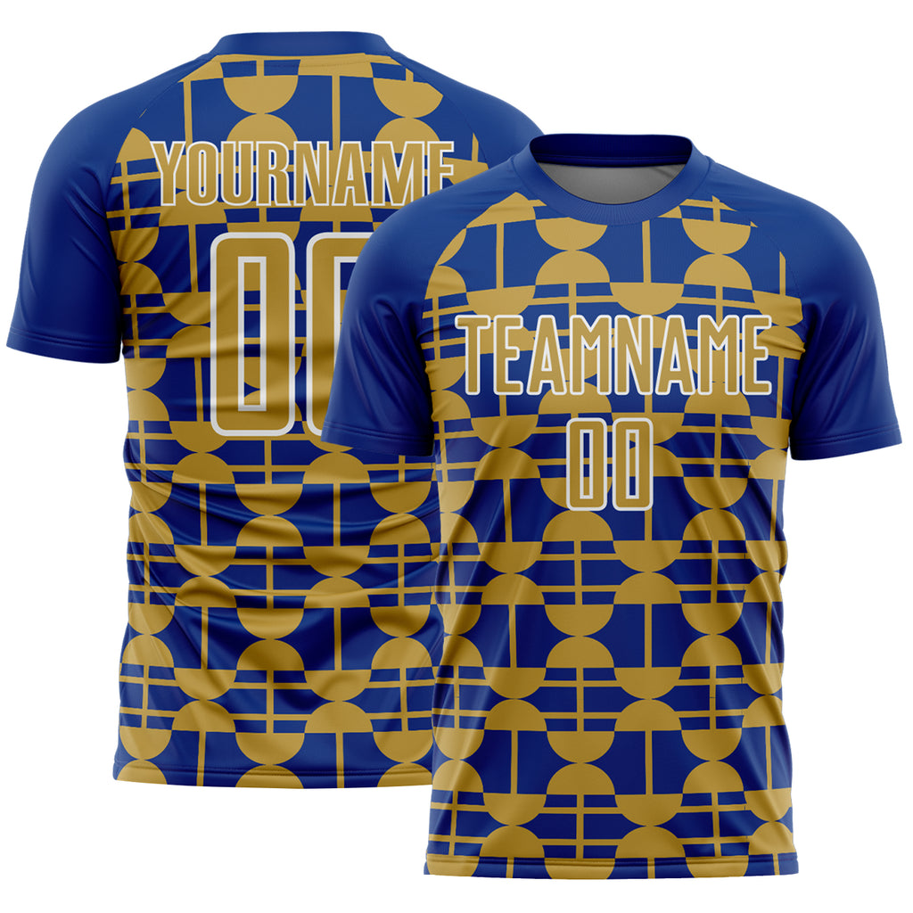 Custom Royal Old Gold-White Geometric Shapes Sports Sublimation Soccer Uniform Jersey