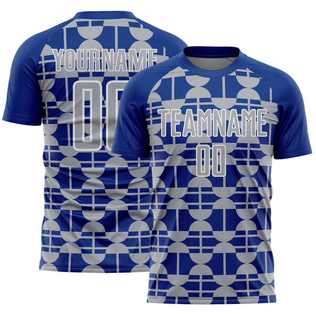 Custom Royal Gray-White Geometric Shapes Sports Sublimation Soccer Uniform Jersey