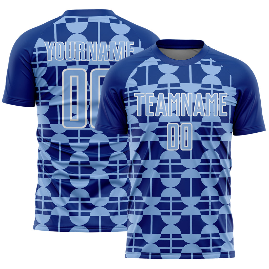 Custom Royal Light Blue-White Geometric Shapes Sports Sublimation Soccer Uniform Jersey