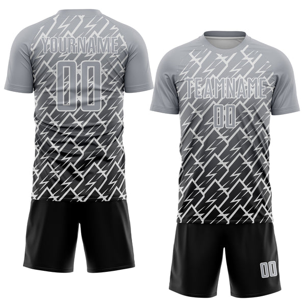 Custom Gray Black-White Lightning Sports Sublimation Soccer Uniform Jersey