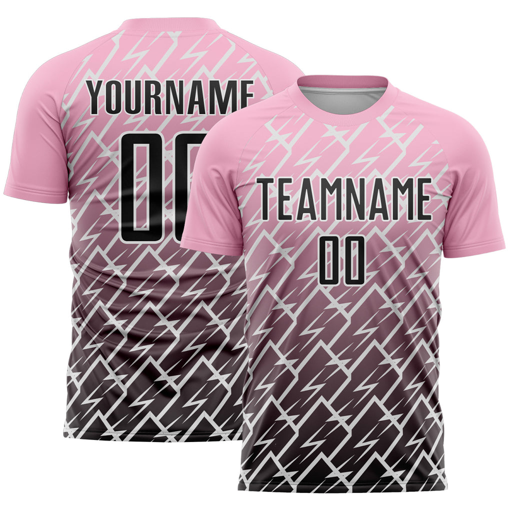 Custom Light Pink Black-White Lightning Sports Sublimation Soccer Uniform Jersey