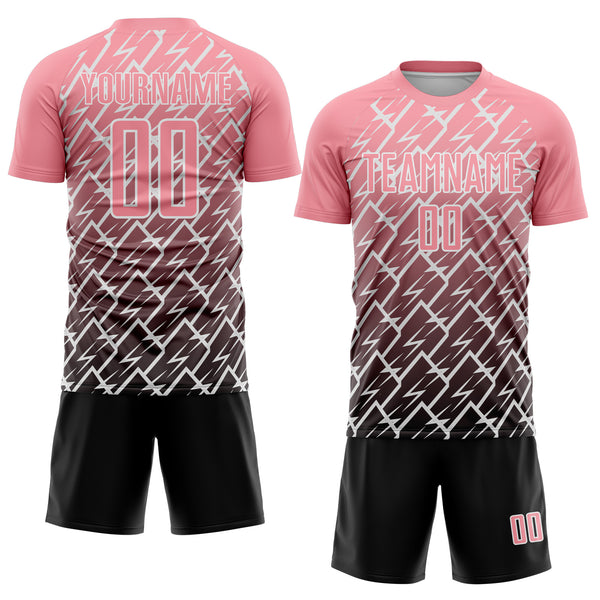 Custom Medium Pink Black-White Lightning Sports Sublimation Soccer Uniform Jersey