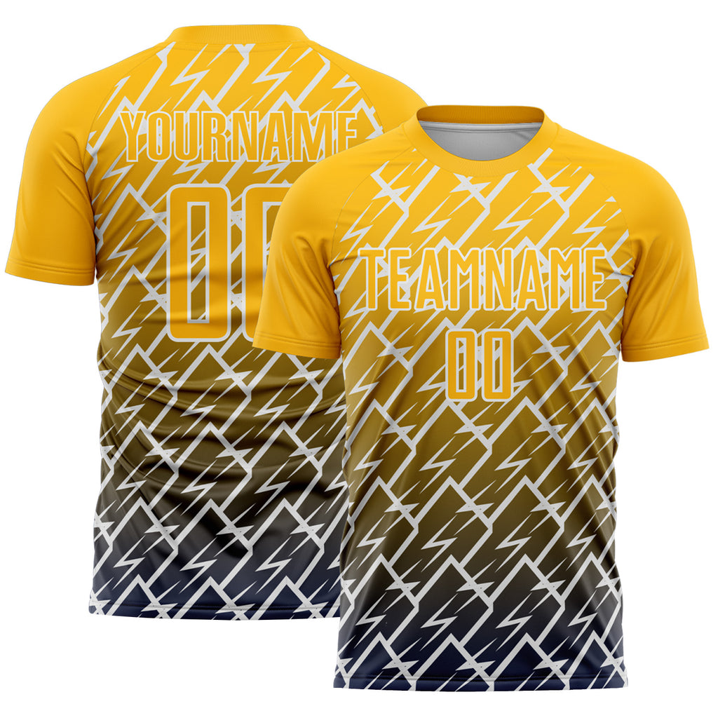 Custom Gold Navy-White Lightning Sports Sublimation Soccer Uniform Jersey
