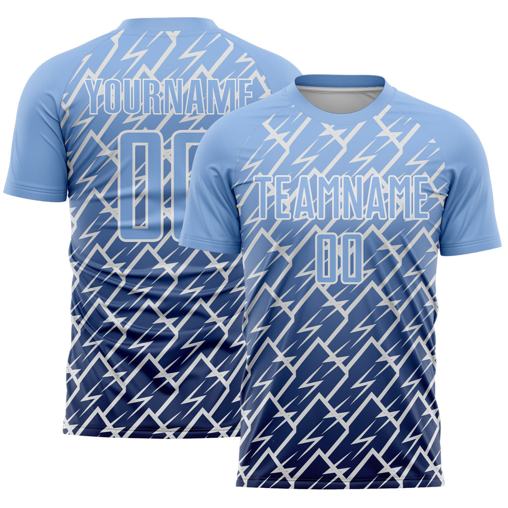 Custom Light Blue Navy-White Lightning Sports Sublimation Soccer Uniform Jersey