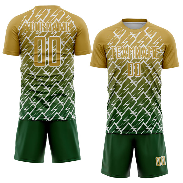 Custom Old Gold Green-White Lightning Sports Sublimation Soccer Uniform Jersey