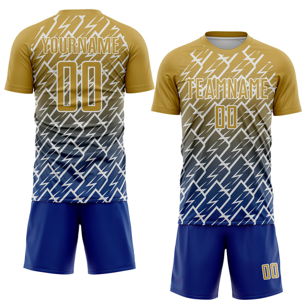 Custom Old Gold Royal-White Lightning Sports Sublimation Soccer Uniform Jersey