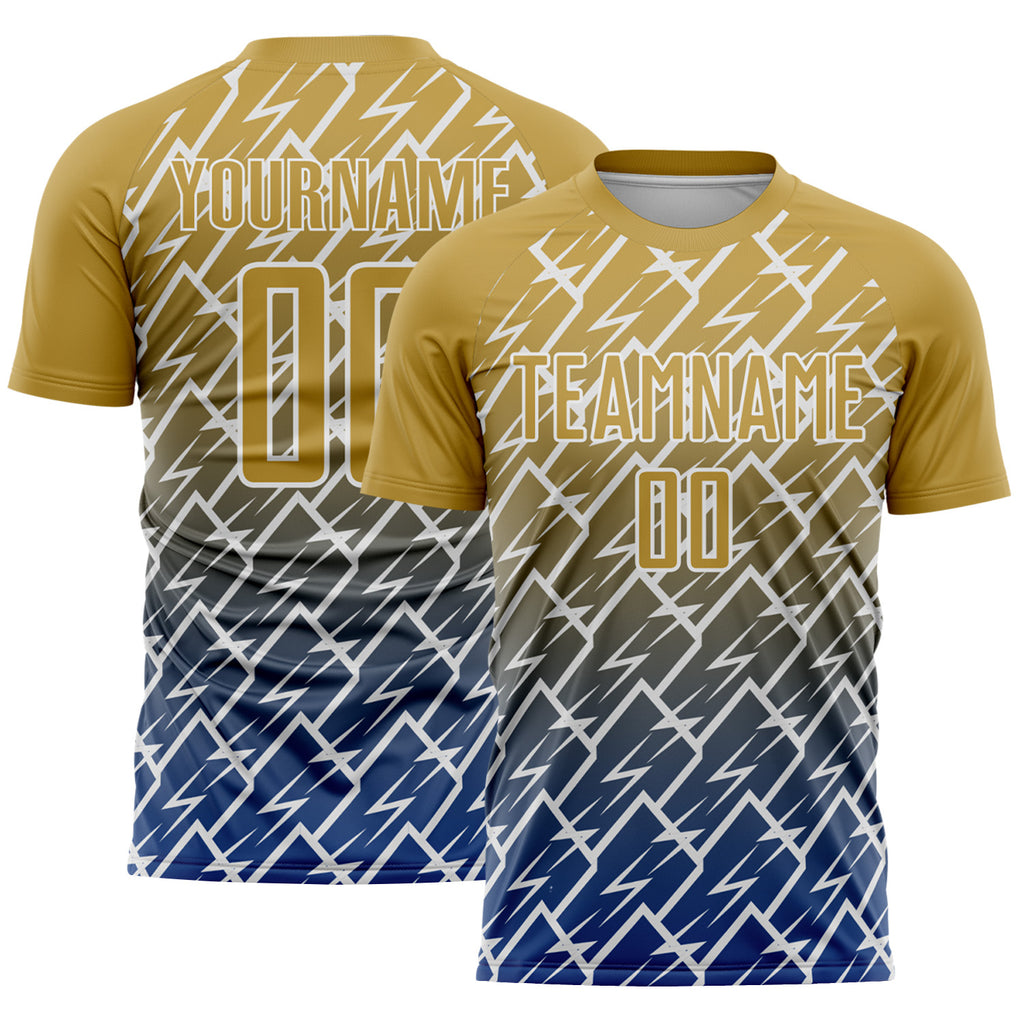 Custom Old Gold Royal-White Lightning Sports Sublimation Soccer Uniform Jersey