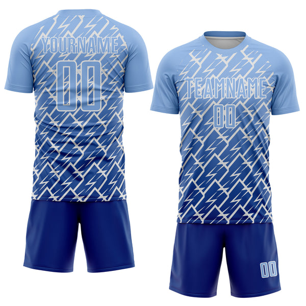 Custom Light Blue Royal-White Lightning Sports Sublimation Soccer Uniform Jersey